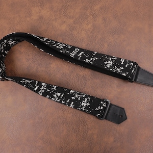 Personalized white spot jacquard guitar strap with leather ends for acoustic guitar, electric guitar and bass guitar graduation gift