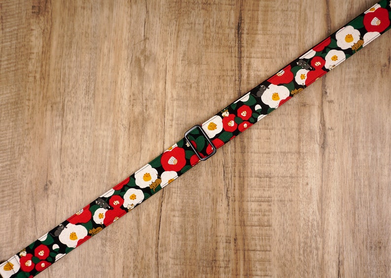 Personalized cat and flower ukulele strap with leather ends, zdjęcie 5