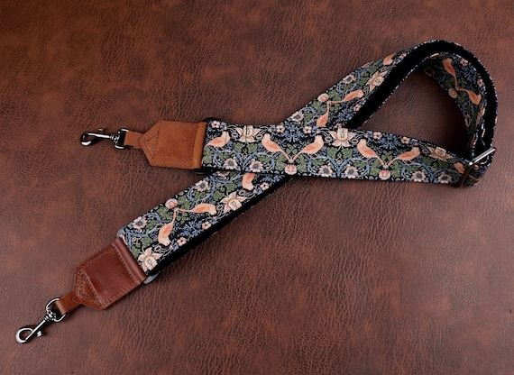 handmade vintage bird banjo strap with leather ends and hook, purse guitar strap