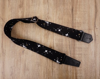 Personalized star on black guitar strap with leather ends for acoustic guitar, electric, and bass guitar graduation gift