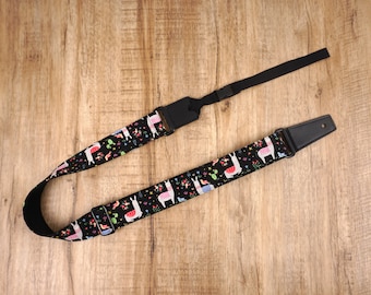 Personalized colorful llama ukulele strap with leather ends,