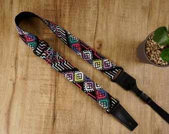 Personalized Tribe Tote ukulele strap with leather ends | geometric ukulele strap | ukulele gifts,