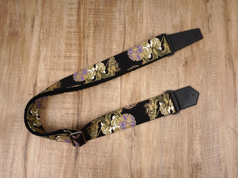 Personalized dragon guitar strap with leather ends for Etsy