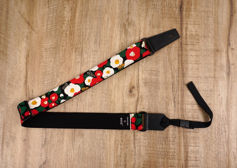 Personalized cat and flower ukulele strap with leather ends, zdjęcie 6