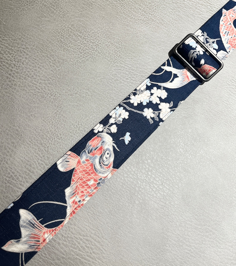 Personalized koi fish and sakura guitar strap with leather ends image 5