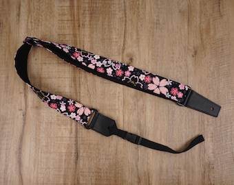 Personalized pink sakura floral ukulele shoulder strap with leather ends, mothers day gift