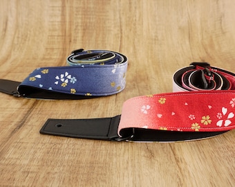 Personalized sakura ukulele strap with leather ends | red,blue ukulele strap | floral ukulele strap,