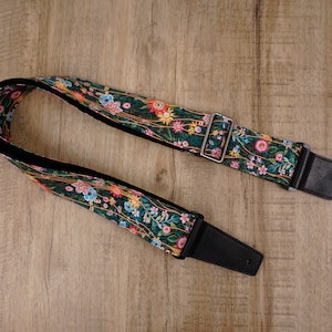 Personalized secret garden guitar strap with leather ends for acoustic guitar, electric guitar and bass guitar, mothers day gift