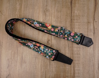 Personalized secret garden guitar strap with leather ends for acoustic guitar, electric guitar and bass guitar, mothers day gift