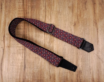 Personalized Paisley on red guitar strap with leather ends for acoustic guitar, electric guitar and bass guitar,, graduation gift