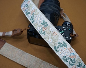 Embroidered Camera Strap, Soft Neck Strap with Genuine Leather Ends, Floral Camera Strap for Mirrorless DSLR, Photographer Gift