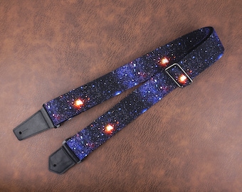 Personalized cosmic galaxy guitar strap with leather ends for acoustic guitar, electric guitar and bass guitar