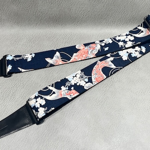 Personalized koi fish and sakura guitar strap with leather ends