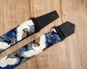 Personalized crane and chrysanthemums guitar strap with leather ends |  for acoustic guitar, electric, and bass guitar, graduation gift