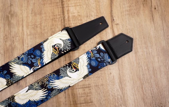 Personalized crane and chrysanthemums guitar strap with leather ends |  for acoustic guitar, electric, and bass guitar, graduation gift