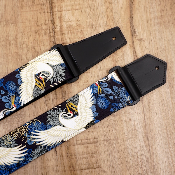 Personalized crane and chrysanthemums guitar strap with leather ends |  for acoustic guitar, electric, and bass guitar, graduation gift