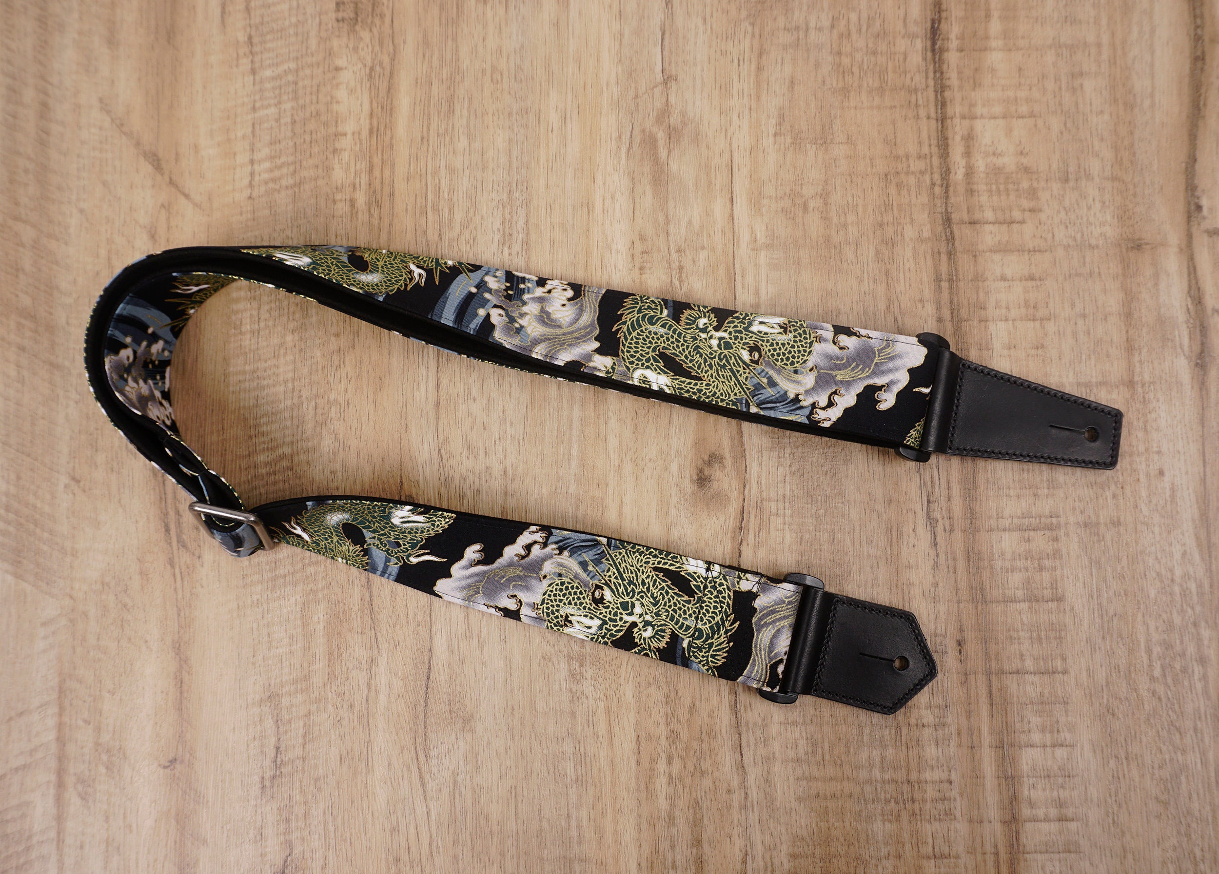 Personalized dragon guitar strap with leather ends for Etsy