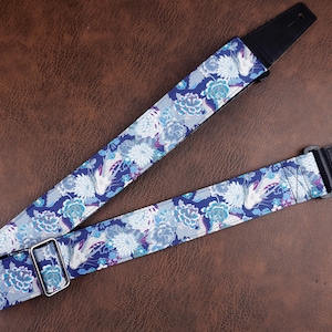 Personalized crane and chrysanthemums guitar strap with leather ends | for acoustic guitar, electric, and bass guitar, graduation gift hidden dragon