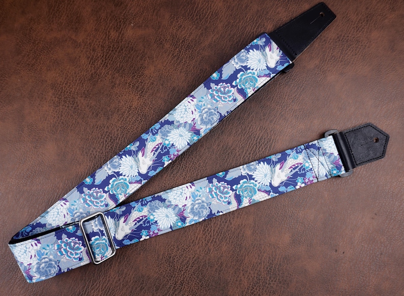 Personalized crane and chrysanthemums guitar strap with leather ends | for acoustic guitar, electric, and bass guitar, graduation gift hidden dragon