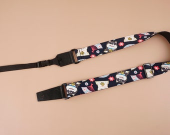 Gepersonaliseerde ukulele-schouderriem met schattige hond en leren uiteinden,