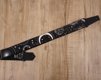 Personalized moon star glow in the dark guitar strap with leather ends