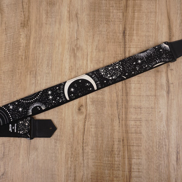 Personalized moon star glow in the dark guitar strap with leather ends