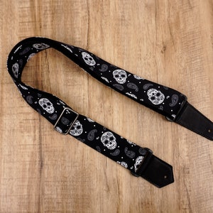 Personalized Sugar Skull and Paisley guitar strap with leather ends, graduation gift