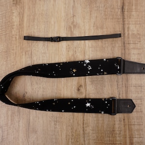 Personalized star on black ukulele shoulder strap with leather ends