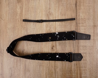 Personalized star on black ukulele shoulder strap with leather ends