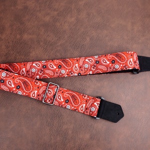 Personalized red bandana paisley guitar strap with leather ends