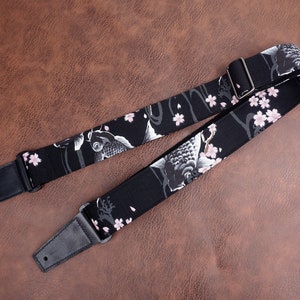 Personalized koi fish and sakura guitar strap with leather ends Blk fish