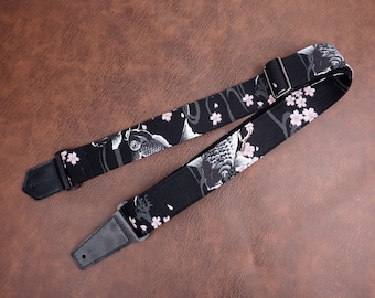 Personalized koi fish and sakura guitar strap with leather ends