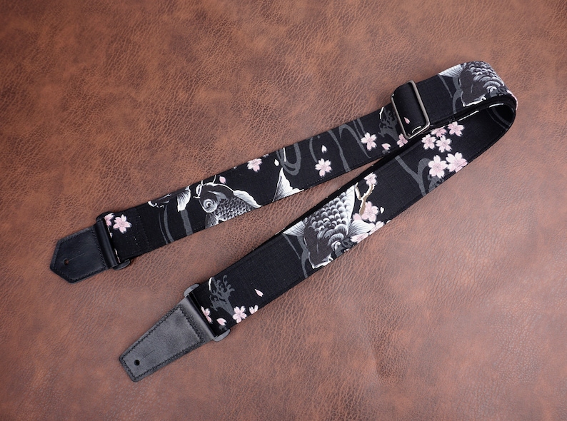 Personalized koi fish and sakura guitar strap with leather ends Blk fish