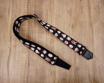 Personalized Japanese Daruma Devil guitar strap with leather ends, gifts for acoustic guitar,electric, and bass guitar, graduation gift