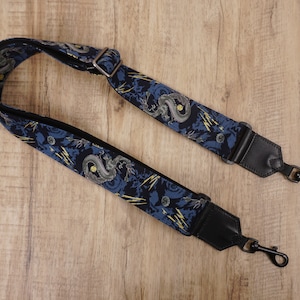 Personalized lightning dragon banjo strap with leather ends, vintage designs, handmade, fathers day gift