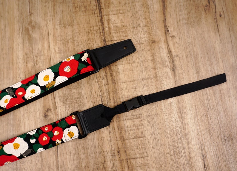 Personalized cat and flower ukulele strap with leather ends, zdjęcie 2