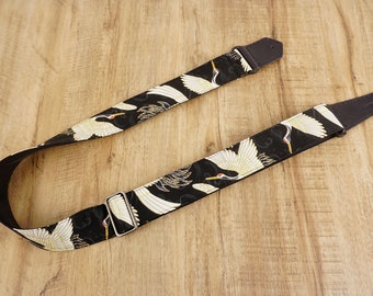 Personalized red-crowned crane printed guitar strap with leather ends,, graduation gift