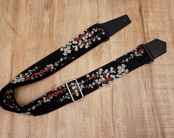 Personalised handmade Weeping Cherry blossom sakura printed guitar strap on dark blue/black with leather ends,