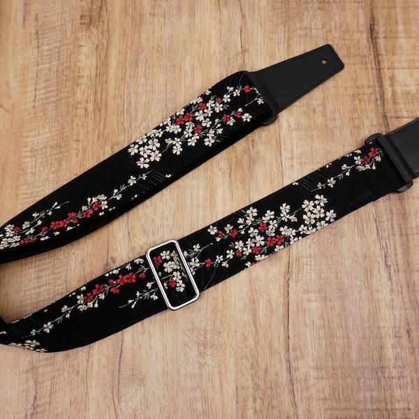 Personalized Weeping Cherry blossom printed guitar strap on dark blue/black with leather ends,