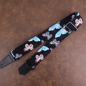 Personalized butterfly guitar strap with leather ends for acoustic guitar, electric, and bass guitar