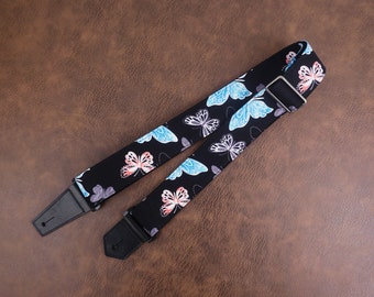 Personalized butterfly guitar strap with leather ends for acoustic guitar, electric, and bass guitar