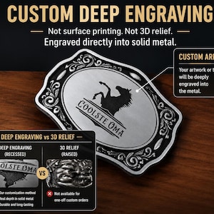 May include: A silver-toned metal belt buckle with an ornate border and a central oval area featuring a black silhouette of a rearing horse and the text COOLSTE OMA. The image includes informational text about custom deep engraving versus 3D relief.