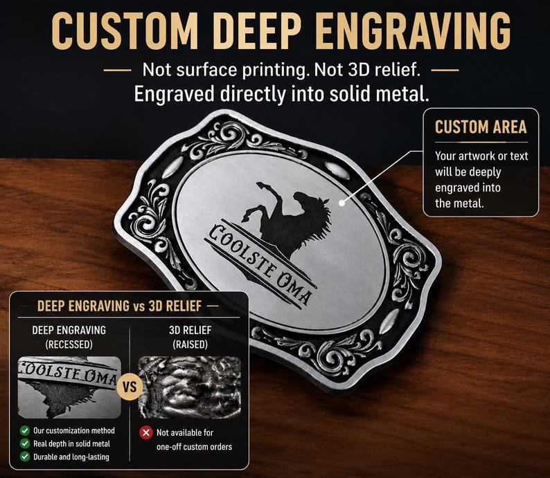 May include: A silver-toned metal belt buckle with an ornate border and a central oval area featuring a black silhouette of a rearing horse and the text COOLSTE OMA. The image includes informational text about custom deep engraving versus 3D relief.