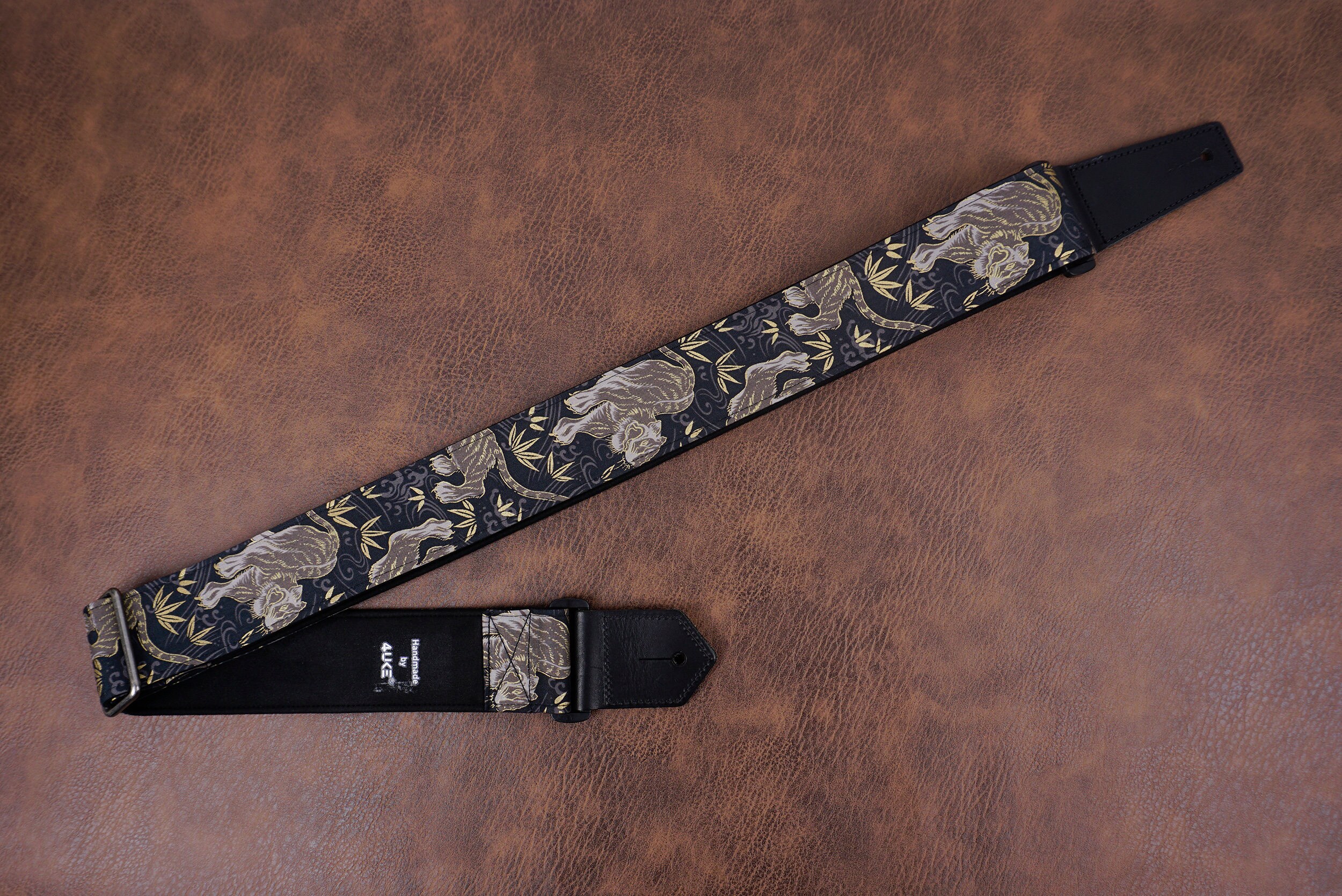 Personalized tiger and bamboo guitar strap with leather ends for…