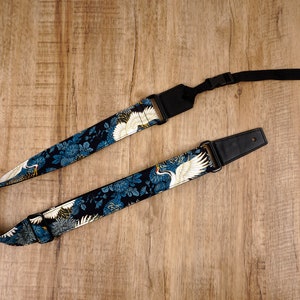 Personalized crane and chrysanthemums ukulele strap with leather ends, graduation gift