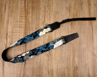 Personalized crane and chrysanthemums ukulele strap with leather ends, graduation gift