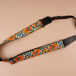 Personalized red daisy ukulele shoulder strap with leather ends,