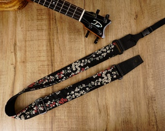 Personalized Weeping Cherry blossom floral printed ukulele shoulder strap with leather ends on black, mothers day gift
