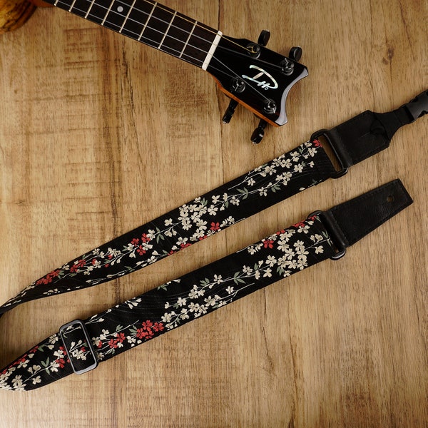 Personalized Weeping Cherry blossom floral printed ukulele shoulder strap with leather ends on black, mothers day gift