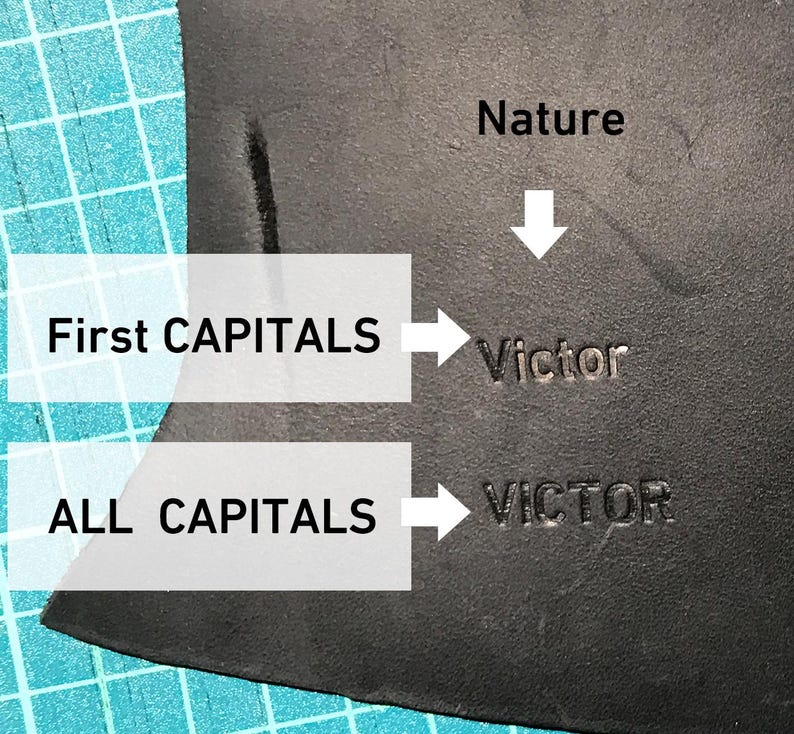 May include: Close-up of a black leather surface with the word "Victor" stamped in two different ways. The first version has only the first letter capitalized, while the second version is all caps. The text "Nature" is written above the word "Victor" with an arrow pointing down.